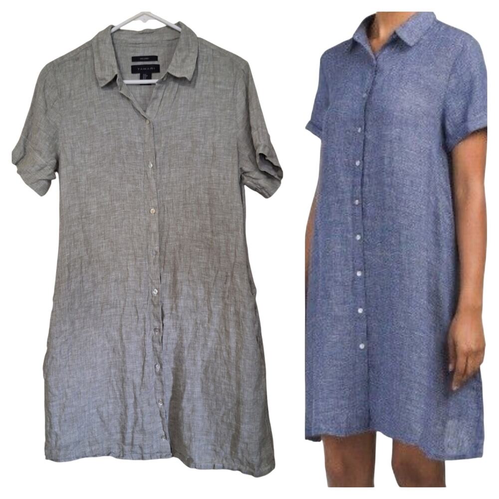 Tahari 100% Linen Chambray Shirt Dress in Green